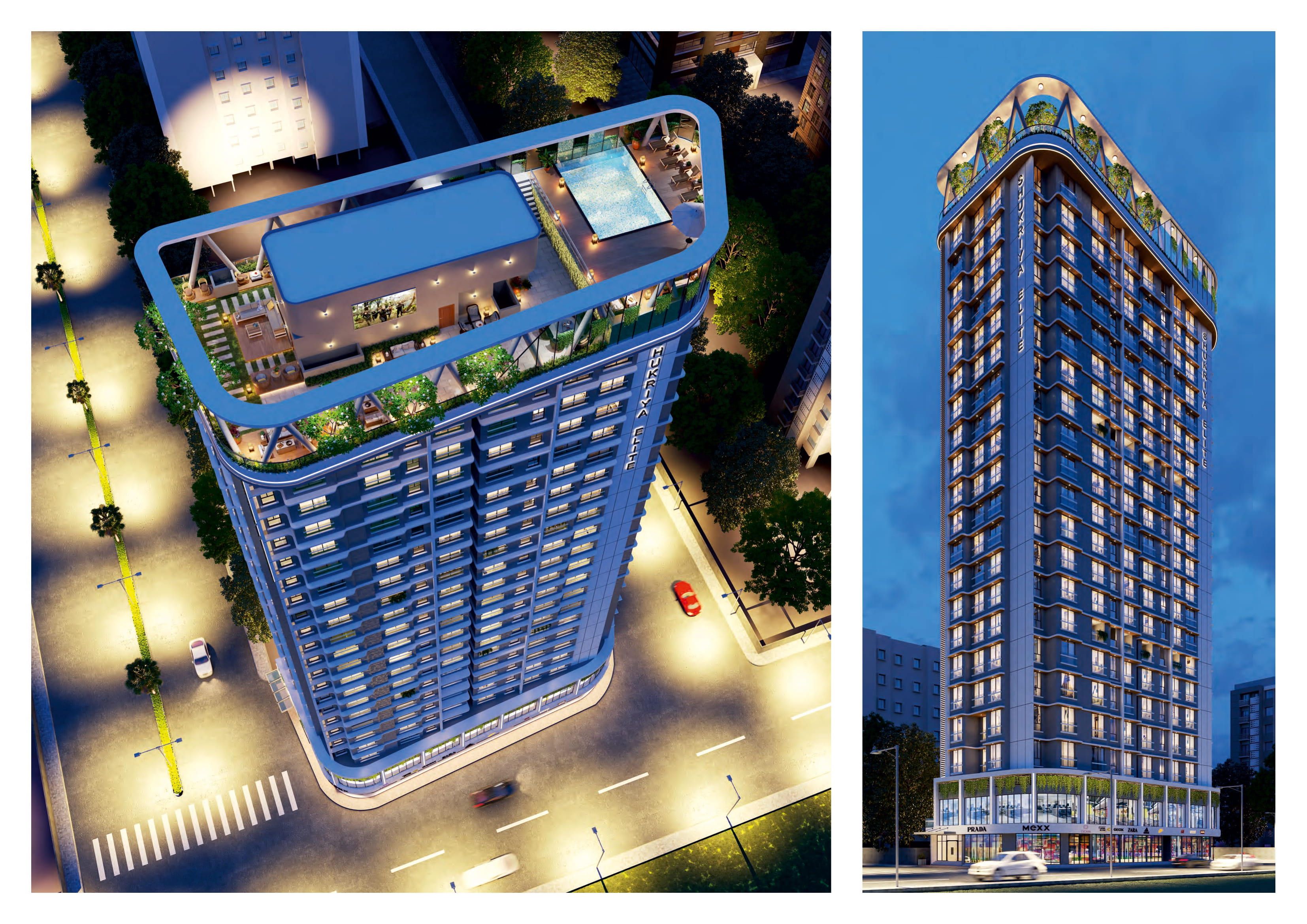 Official brochure exterior and aerial views of Shukriya Elite Tower